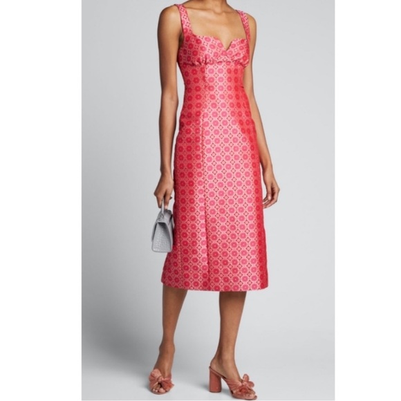 Saloni Halle sweetheart pink and red jaquard silk midi dress - Picture 1 of 8